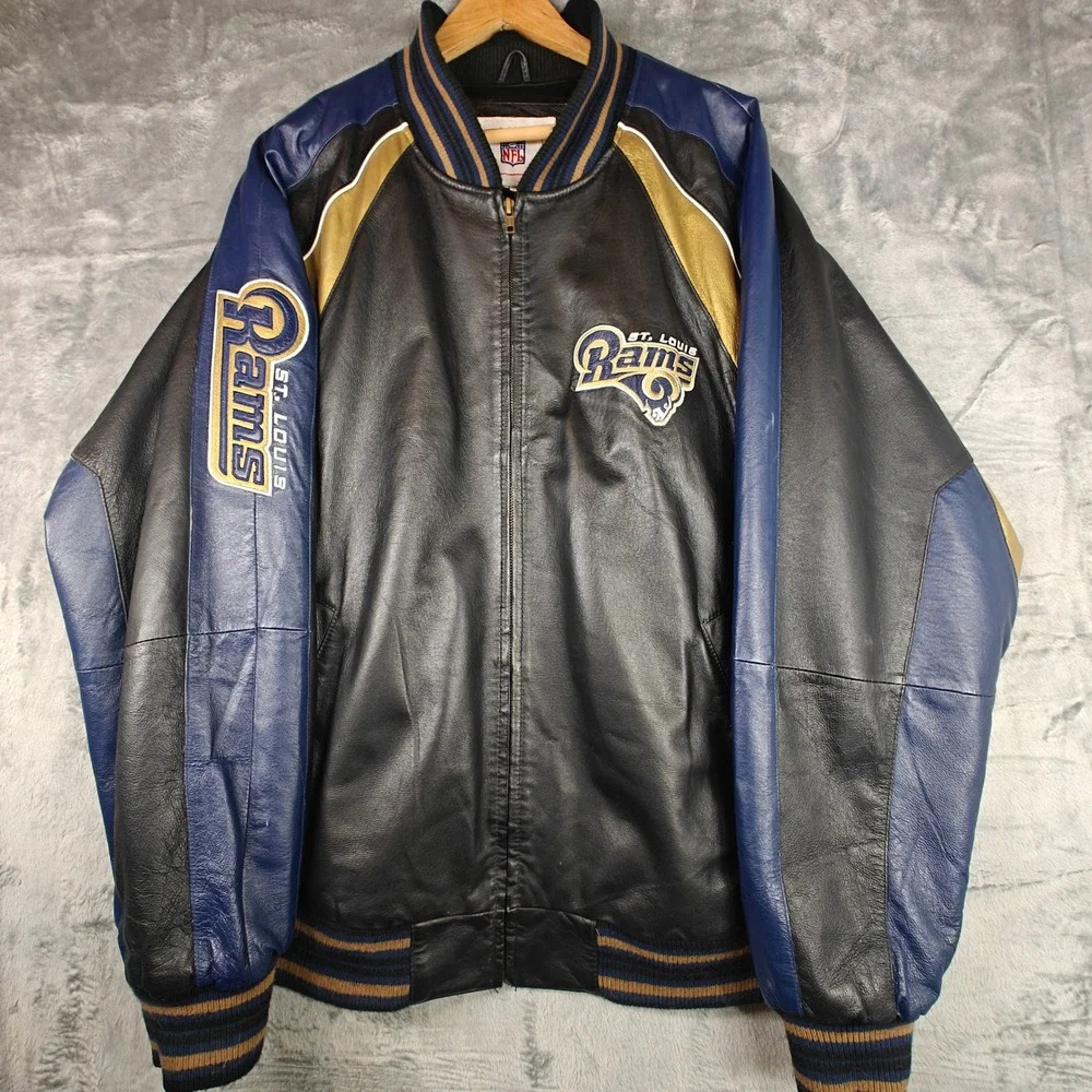 Vintage NFL St Louis Rams Leather Varsity Jacket Blue Gold XXL Full Zip Bomber